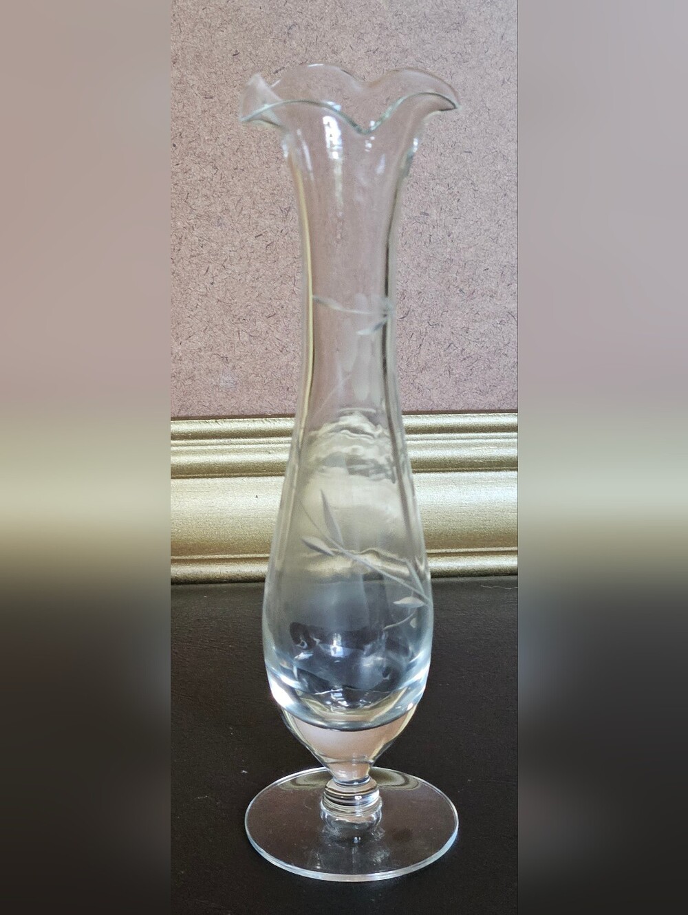 Vintage Clear Etched Bud Vase - Tall Tulip Shape